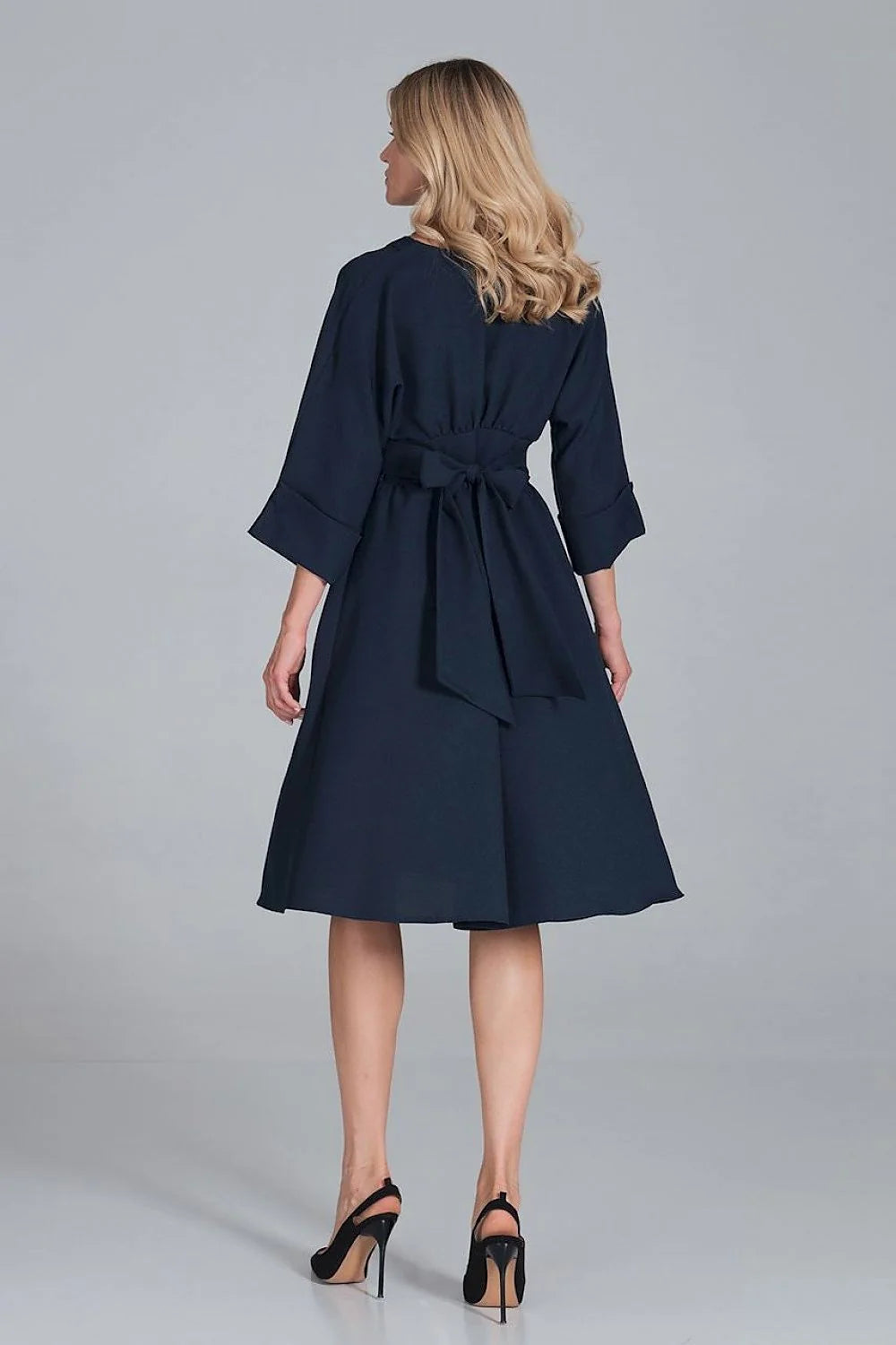 Robe midi polyester élégante rose vive manches trois-quarts boutons col V femme mode chic