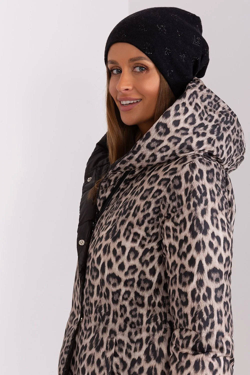Manteau d'hiver femme imprimé léopard matelassé style audacieux confort durable polyester coton doublure fermeture boutons capuche poches latérales mode