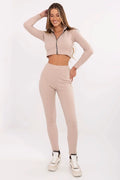 Ensemble coordonné femme tissu doux élastique crop top manches longues pantalon taille haute style casual chic