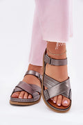 Sandales Step in style pour femmes en cuir naturel plateforme velcro style élégant métallisé gris argenté été