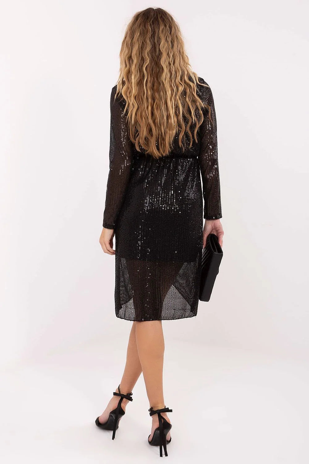 robe soirée cocktail noire pailletée scintillante portefeuille décolleté manches longues transparentes taille cintrée jupe tulipe asymétrique doublée élasthanne polyester