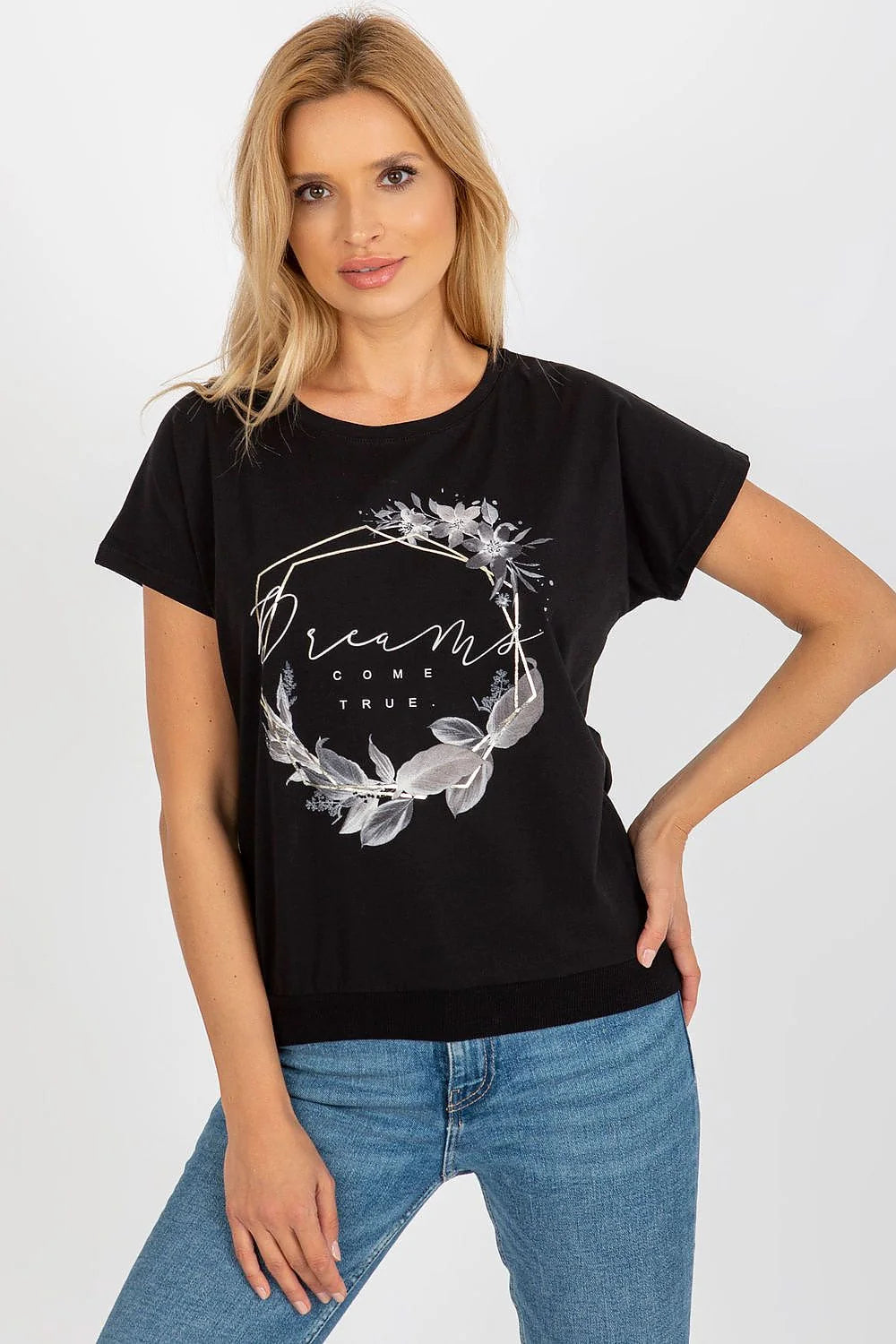 Chemisier pour femme moderne design chic couleur noire imprimé Dreams Come True coton élasthanne coupe droite manches courtes