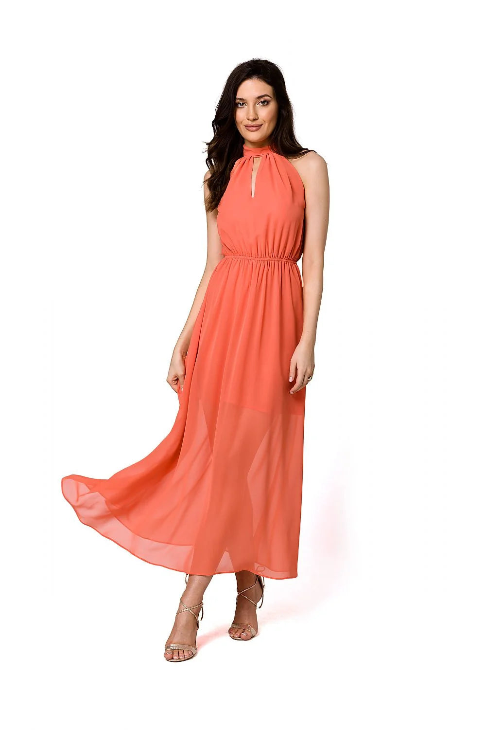 Robe de cocktail longue élégante corail vif en mousseline soie femmes taille ajustable portée sandales talons