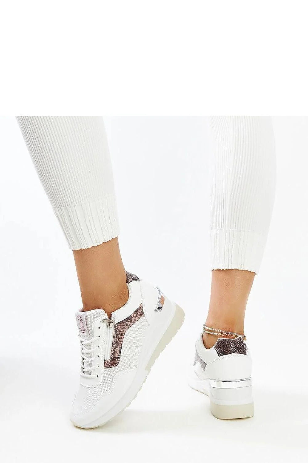 baskets blanches femme sportchic cuir synthétique serpenté marron beige mesh texturé cheville plateforme crantée semelle épaisse confortable lacets métalliques zippées