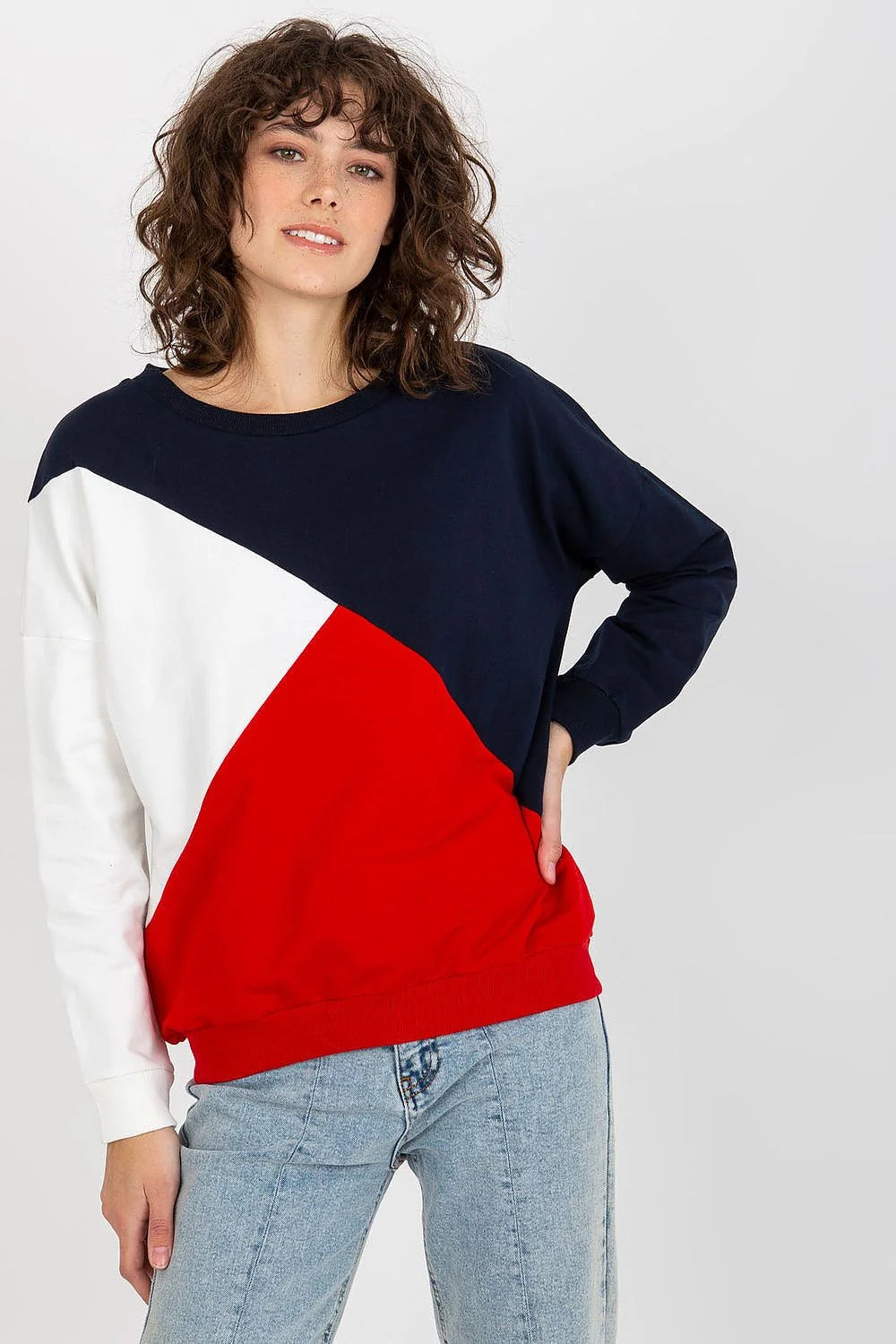 Sweatshirt femme moderne longues manches asymétrique couleurs contrastées coton 90% elastane 10% style casual