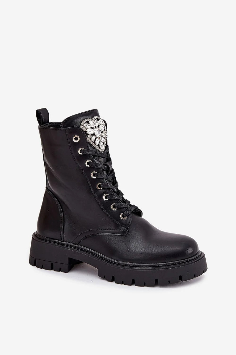 bottines rangers femme cheville cuir synthétique noir lisse semelle crantée épaisse plateforme lacets œillets métalliques fermeture éclair cœur strass cristaux