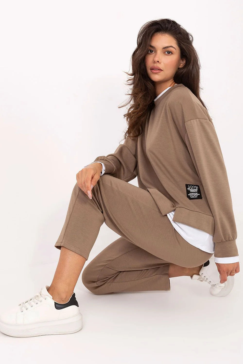 ensemble loungewear femme sweat oversize col rond manches longues bas côtelés ourlet fendu pantalon taille haute viscose elasthanne