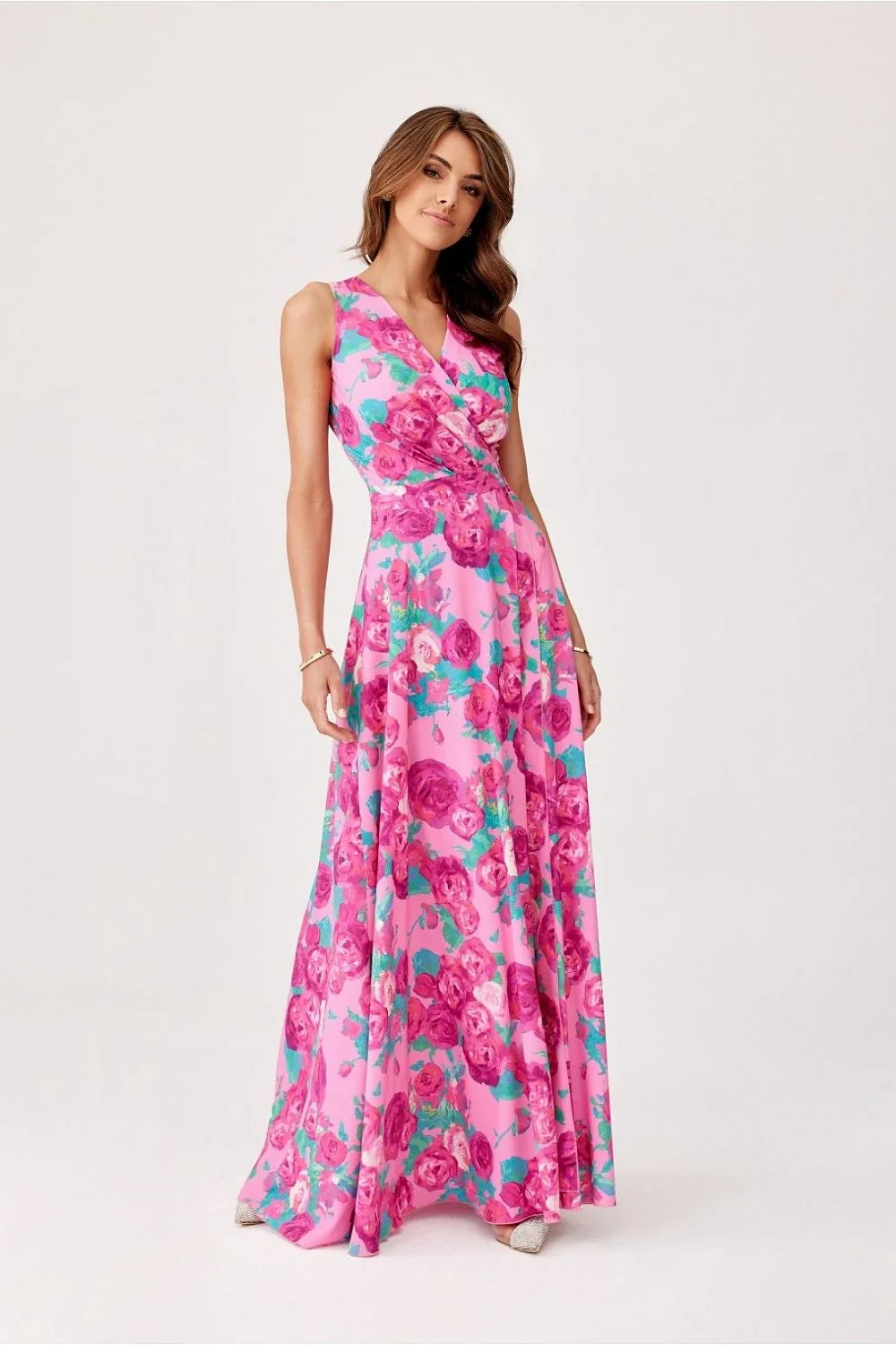 Robe élégante sans manches motif floral rose ceinture fine taille ajustable dos noeud femme été 2023