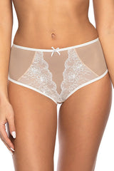 Culotte haute dentelle tulle beige floral elégant ceinture satin blanc ourlet soigné nœud central confortable occasion spéciale femme
