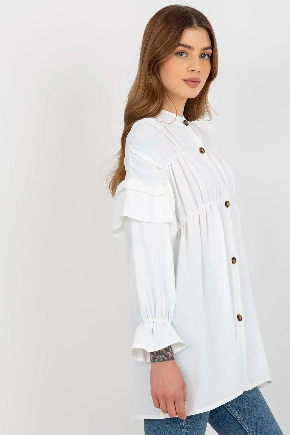 Chemise manche longue Och Bella pour femme, coupe ample, volants, Polyester 100%, élégante, moderne, occasions multiples