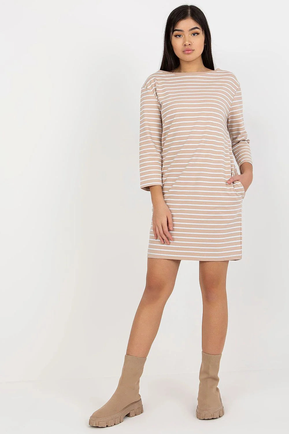 Robe femme Rue Paris manches longues coupe droite élégante casual tissu rayé coton elasthanne poches latérales noire blanche confortable