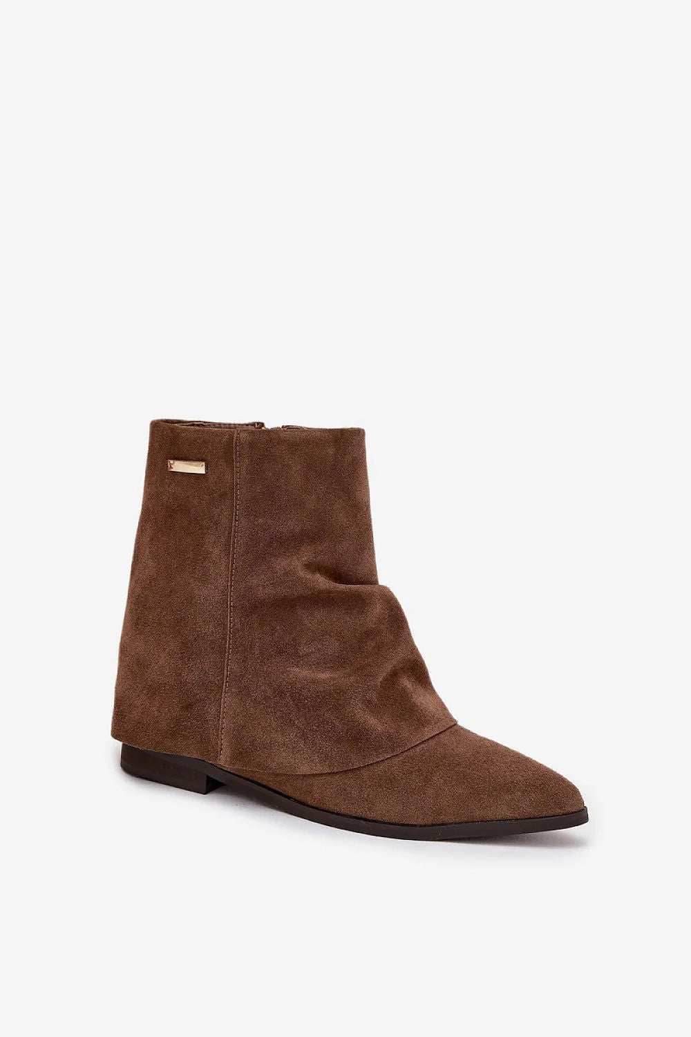 bottines femme suédine marron chocolat mi cheville bout pointu tige froncée talon compensé caché fermeture éclair doublure douce