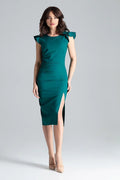 Robe de cocktail élégante couleur vert émeraude sans manches volants épaules fente haute coupe ajustée polyester 100% femme