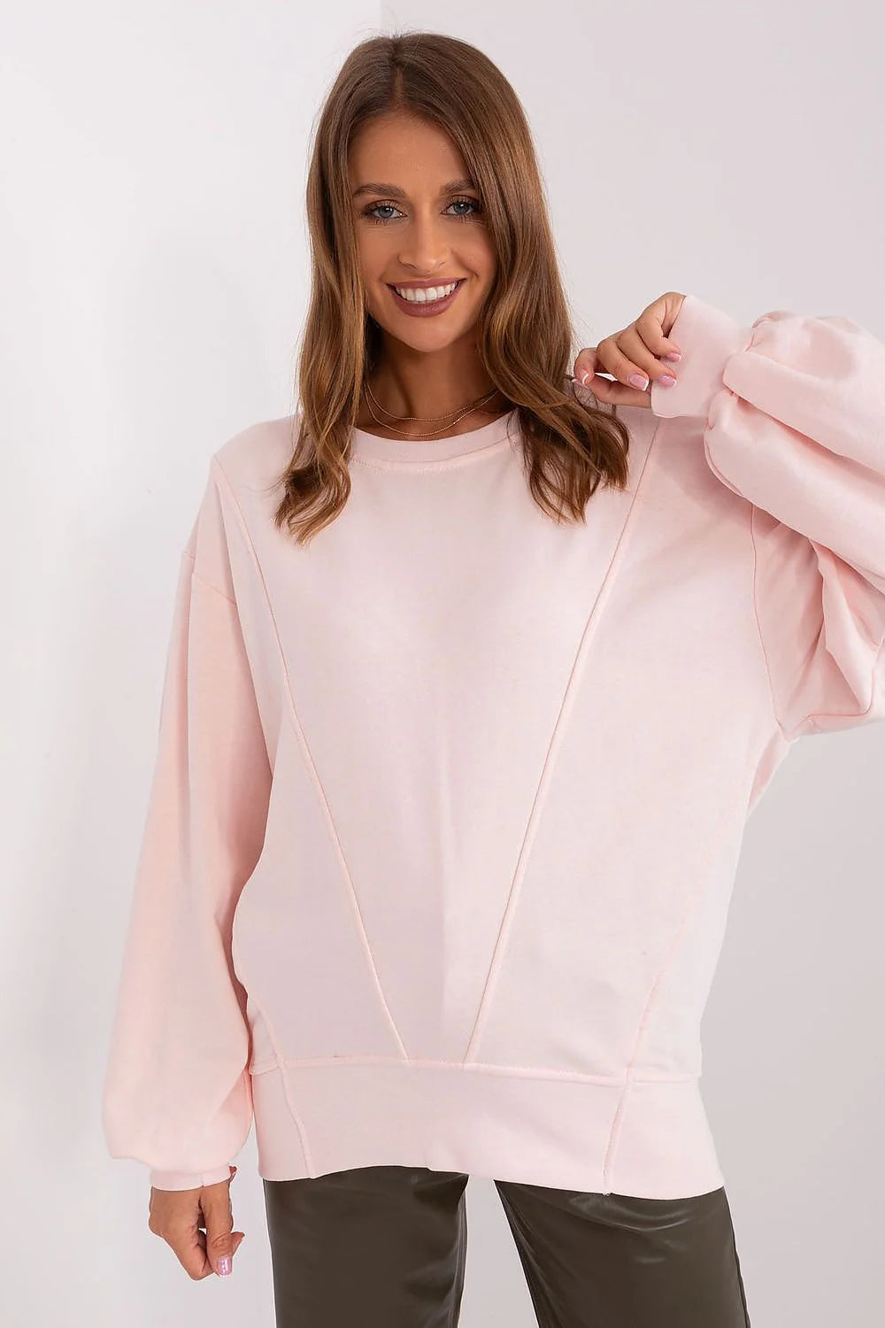 sweatshirt femme oversize col rond manches longues bouffantes coutures décoratives molleton doux coton polyester rose pâle