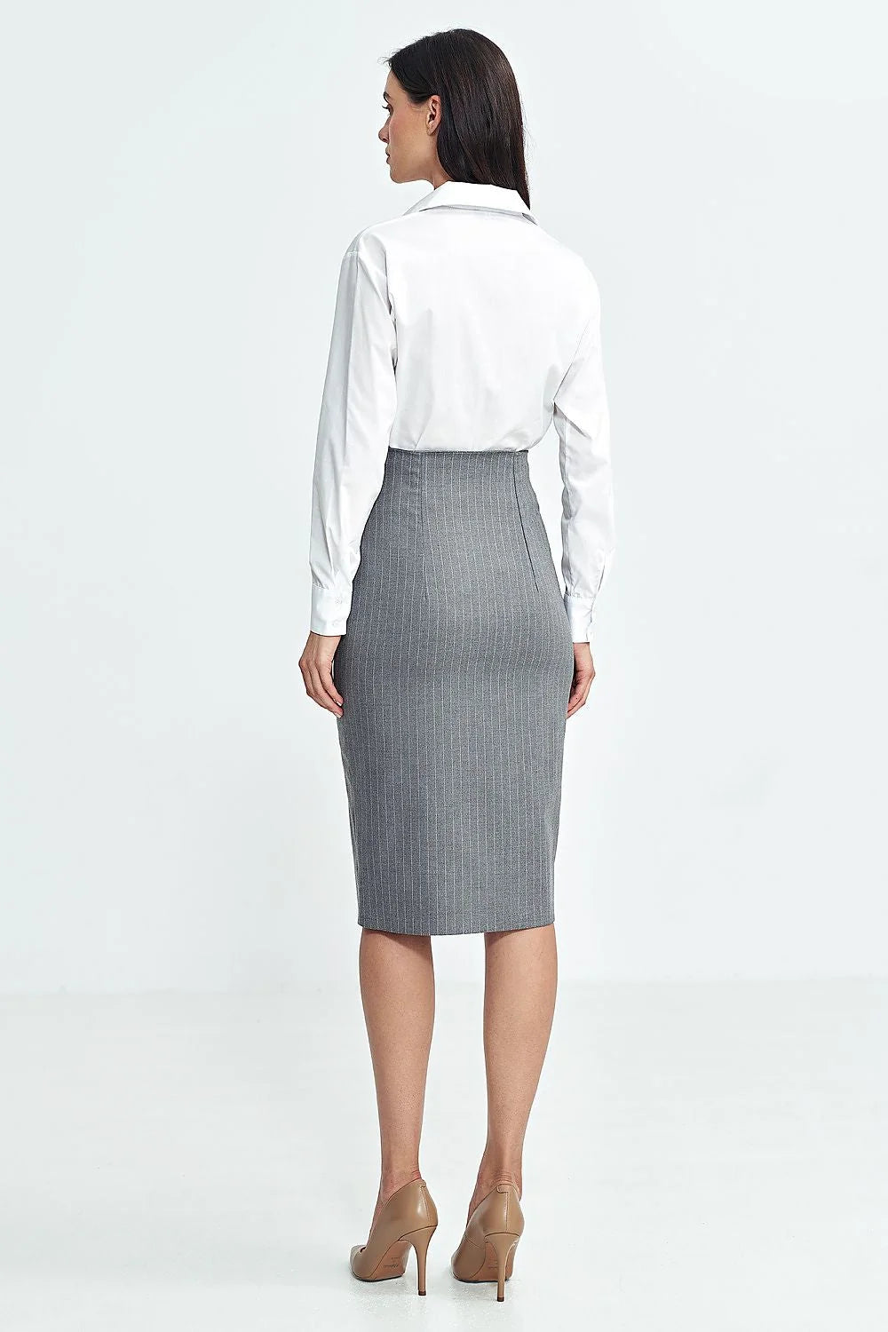 Jupe crayon Nife femme classique élégante gris rayures blanches taille haute genoux courte liberté mouvement