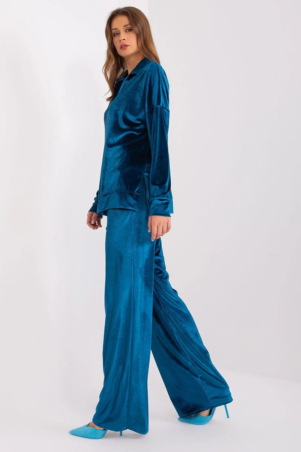 Ensemble Lakerta velours bleu sarcelle femme style décontracté chic haut ample manches longues pantalon évasé taille élastique