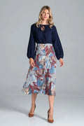 Ensemble féminin chic en viscose 100% avec haut bleu marine et jupe imprimée tropicale