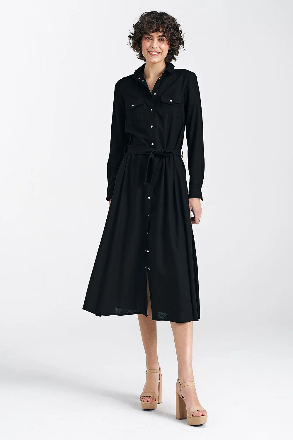 Robe de jour élégante noire style chemise manches longues col classique ceinture ajustable femme viscose lin coton