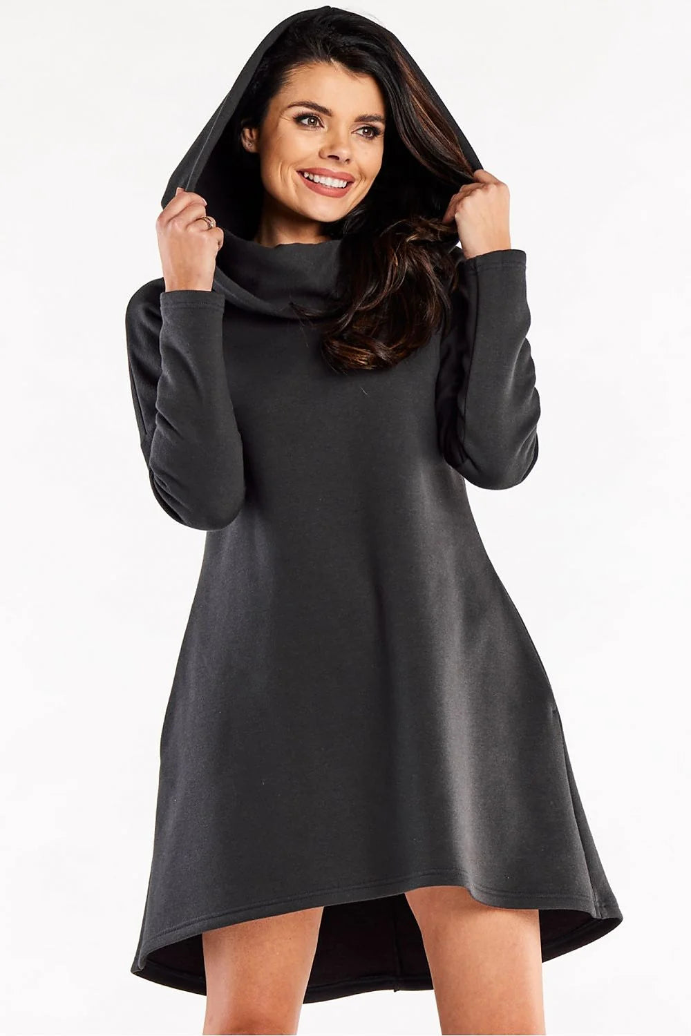 robe pull femme moderne décontractée trapèze capuche manches longues anthracite molleton épais asymétrique mini dos long casual chic chaud confortable