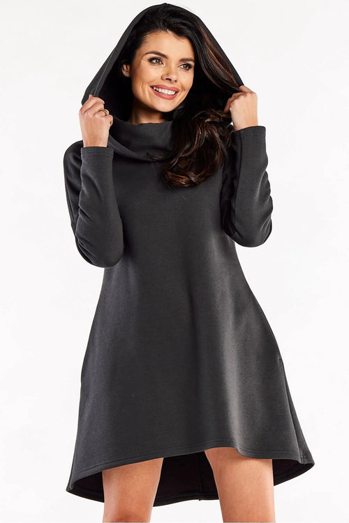 robe pull femme moderne décontractée trapèze capuche manches longues anthracite molleton épais asymétrique mini dos long casual chic chaud confortable