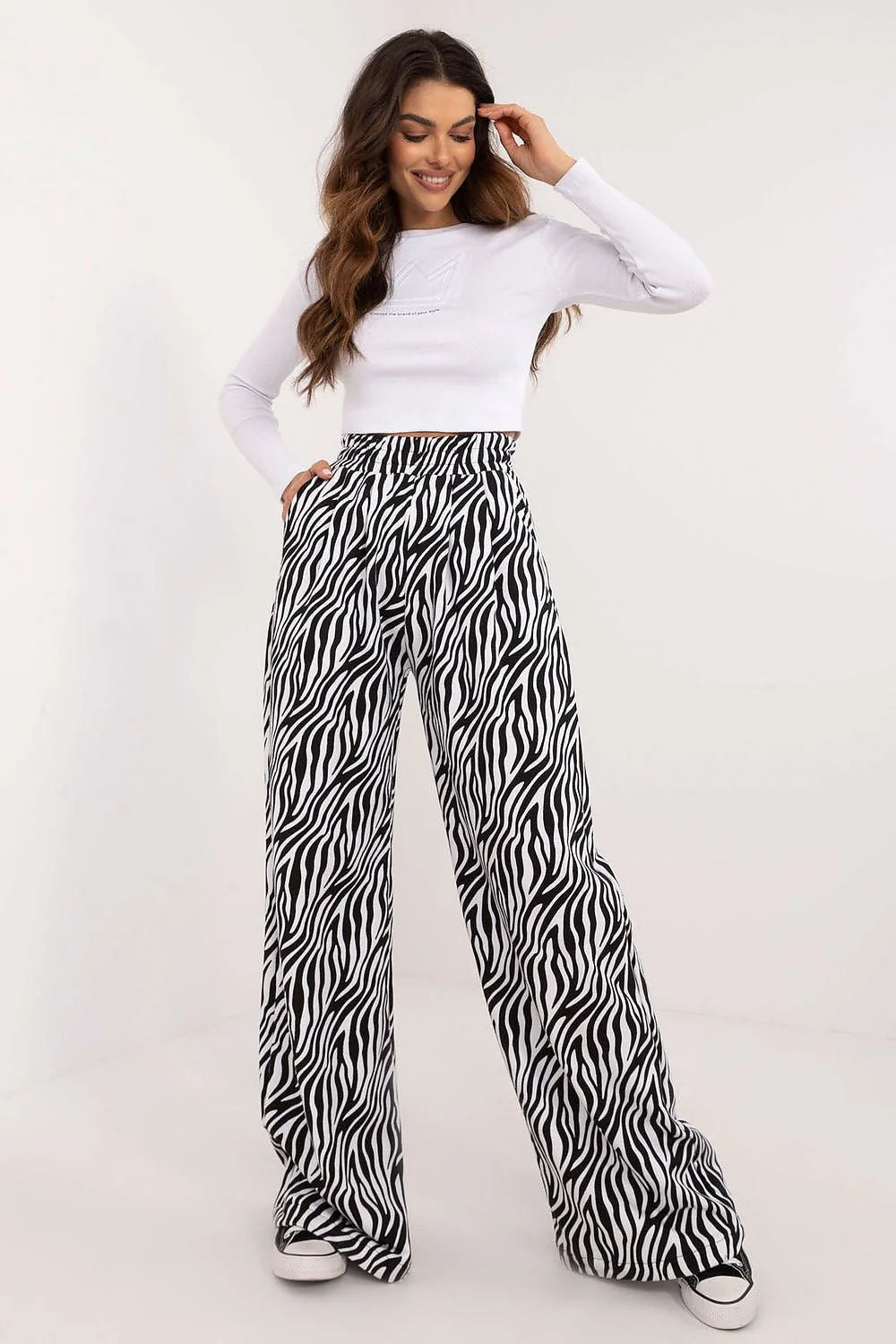 Ensemble femmes crop top manches longues pantalon taille haute motif zébré style décontracté casual-chic