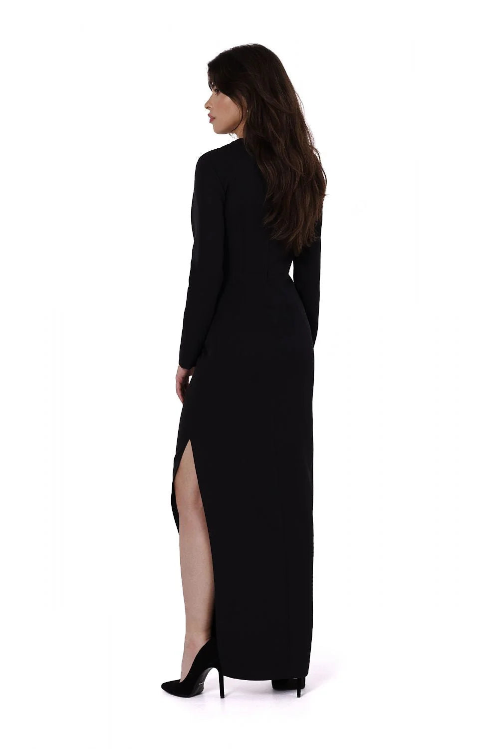 robe soirée Makover noire asymétrique midi manches longues encolure carrée fourreau bodycon fente latérale haute chaîne dorée stretch