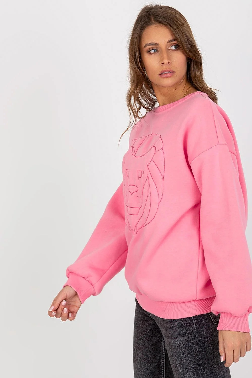 Sweatshirt pour femme moderne couleur orange vif coupe ample manches longues broderie lion coton polyester 70/30