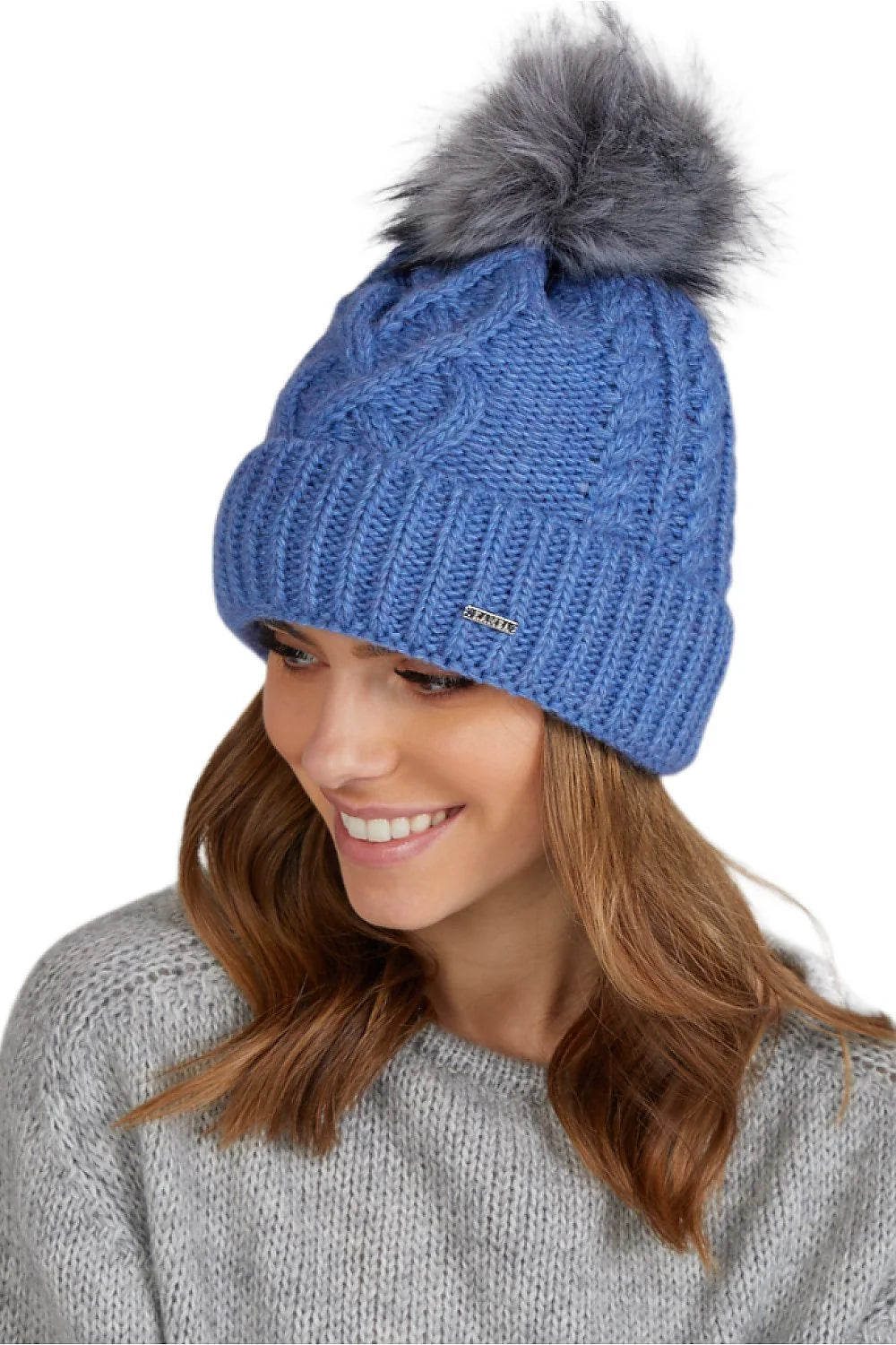 Bonnet d'hiver pour femme en laine mérinos torsadé pompon fourrure faux bord côtelé bleu vif