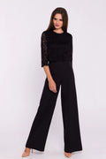 combinaison élégante femme dentelle noire manchestransparentes haut court bordurefestonnée pantalon palazzo long fluide taille haute buste ajusté doublure opaque