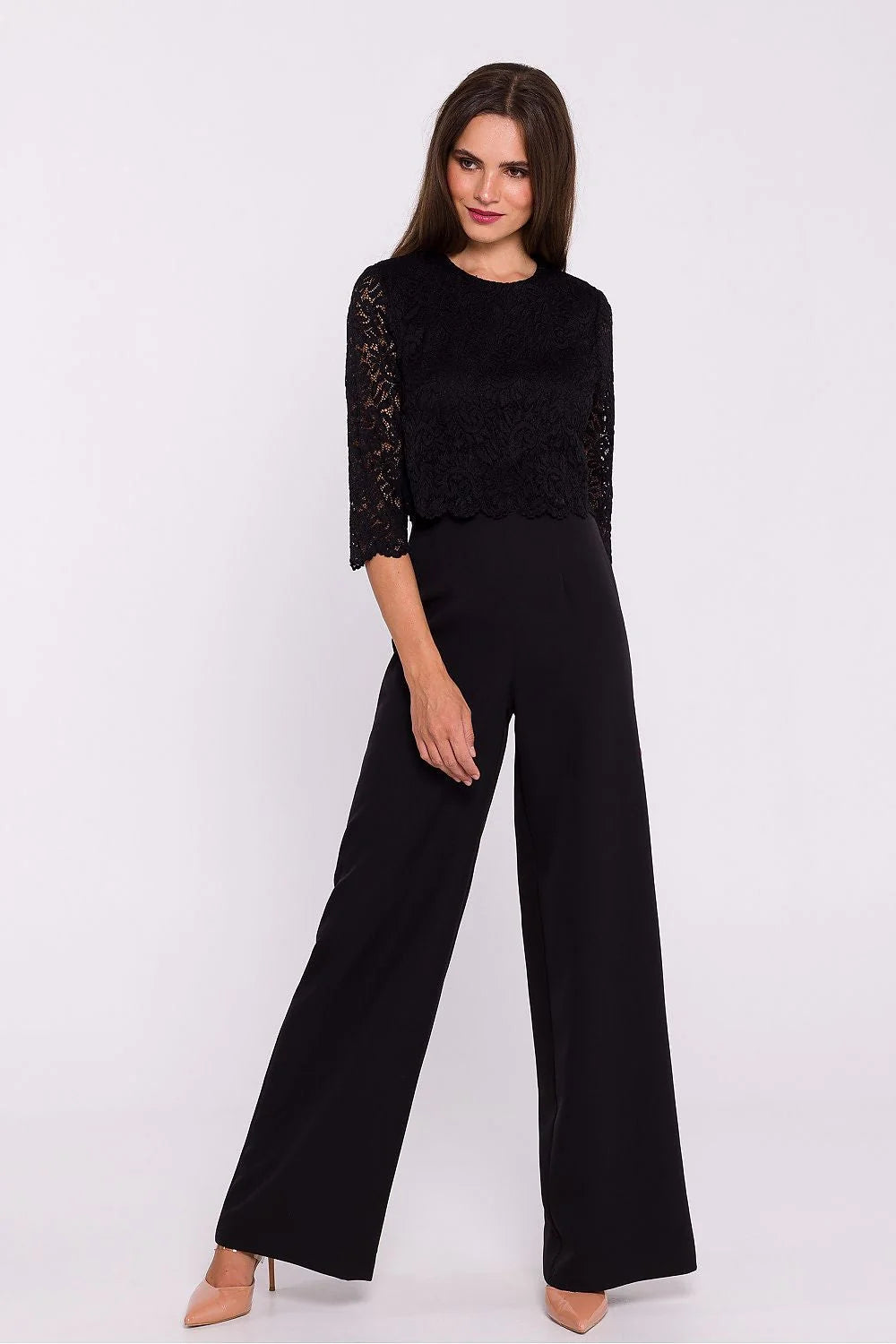 combinaison élégante femme dentelle noire manchestransparentes haut court bordurefestonnée pantalon palazzo long fluide taille haute buste ajusté doublure opaque