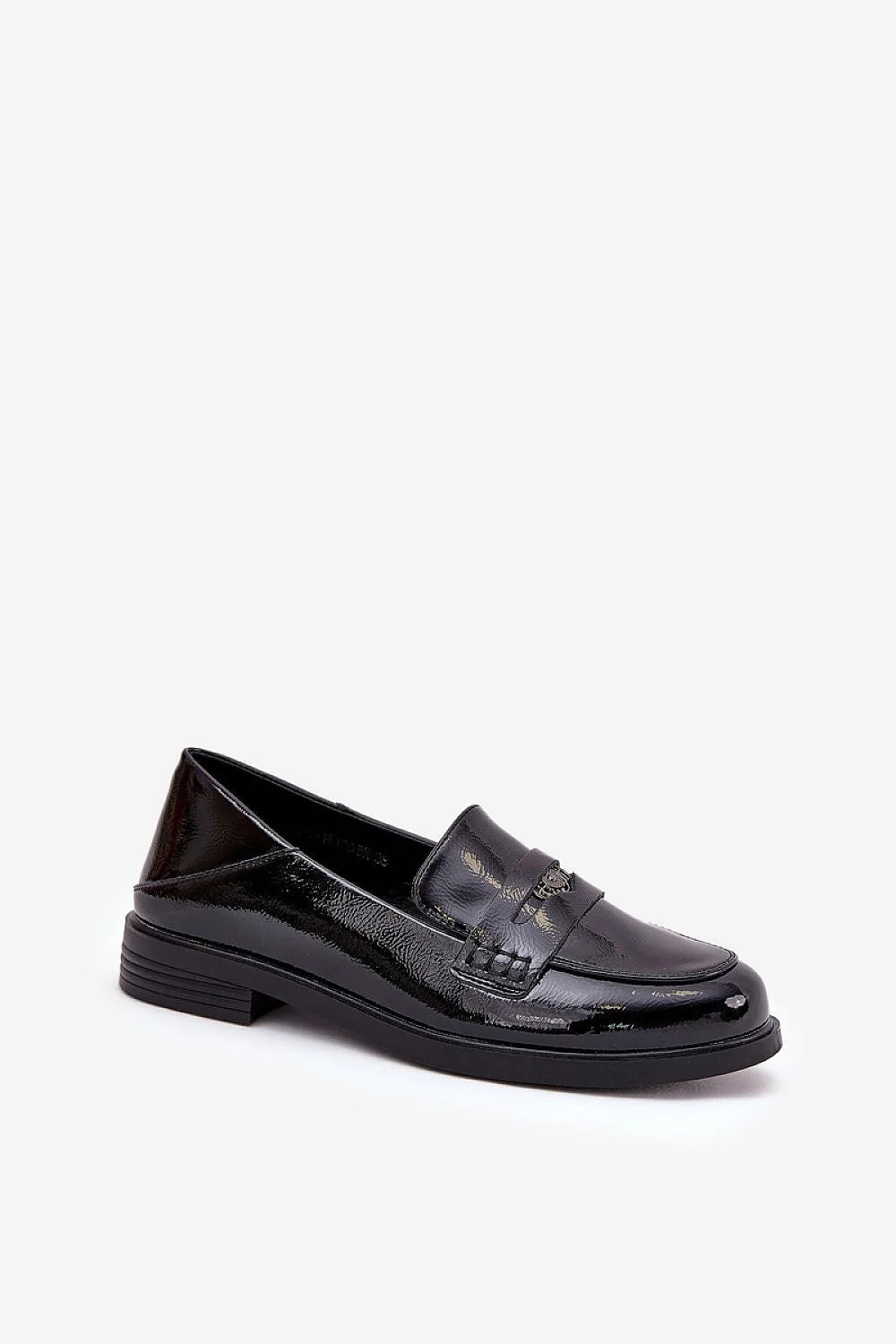 Moccasins en cuir verni noires élégantes pour femmes, design classique, talon plat, bride métallique, confortable, Vinceza
