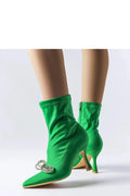 Bottes à talons Solea pour femmes, vert vif, style audacieux, talon modéré, satiné, fermeture à glissière, détails en strass, semelle naturelle, bottines élégantes