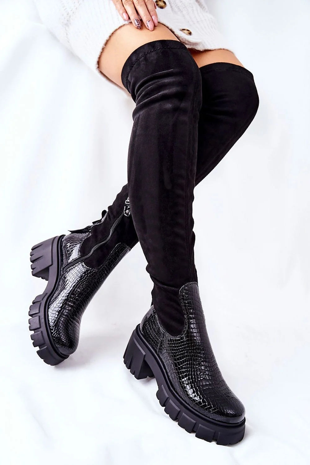 Bottes cuissardes design moderne audacieux cuir naturel suédé motif croco semelle épaisse femme automne hiver