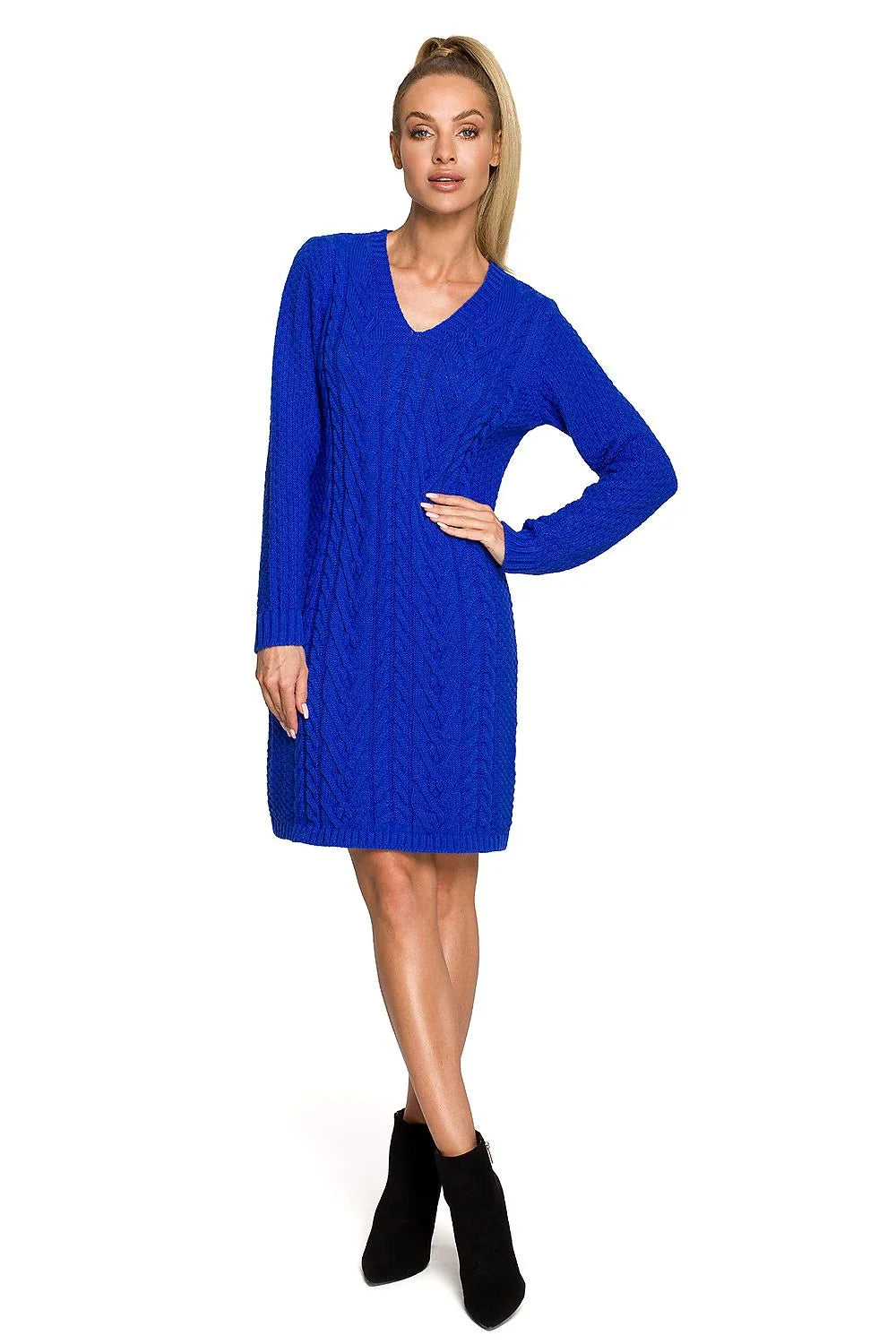 Robe maille tricotée motif torsade bleu vif chic casual femme manches longues coupe droite genoux taille S XL