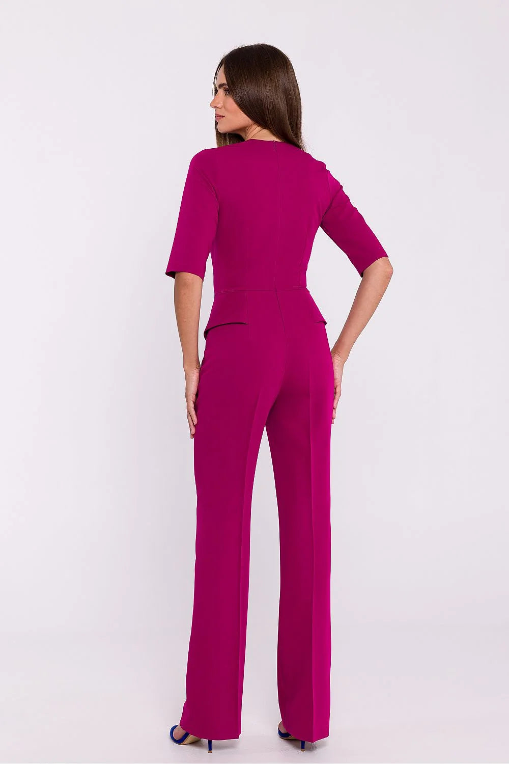 Ensemble tailleur féminin élégant magenta blouse V-neck manches mi-longues pantalon long évasé femme occasion professionnelle