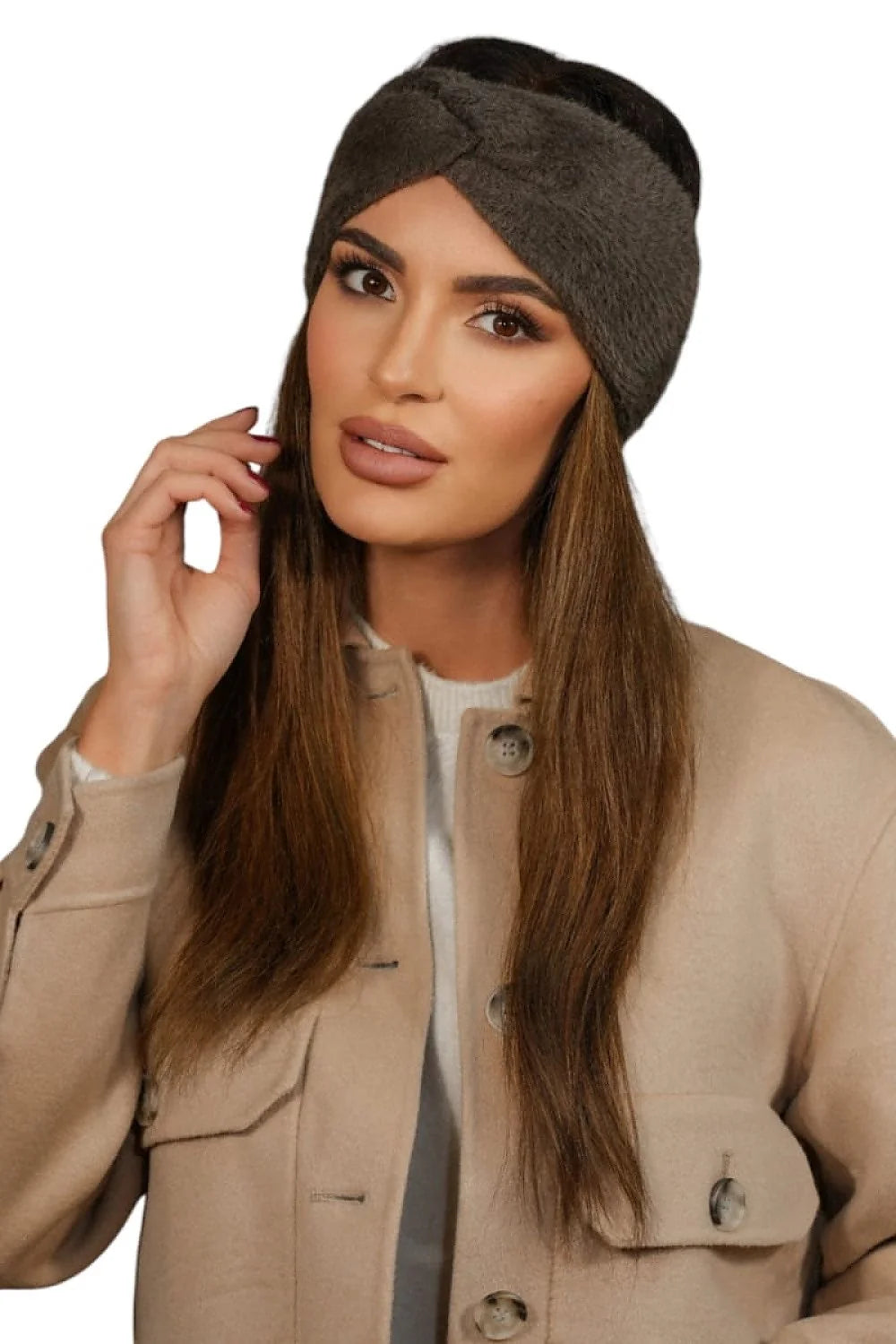 Bandeau d'hiver pour femme en peluche couleur grise foncée, design élégant, coupe ajustée, motif tricotage, protection contre le froid