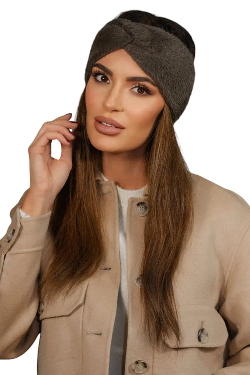 Bandeau d'hiver pour femme en peluche couleur grise foncée, design élégant, coupe ajustée, motif tricotage, protection contre le froid