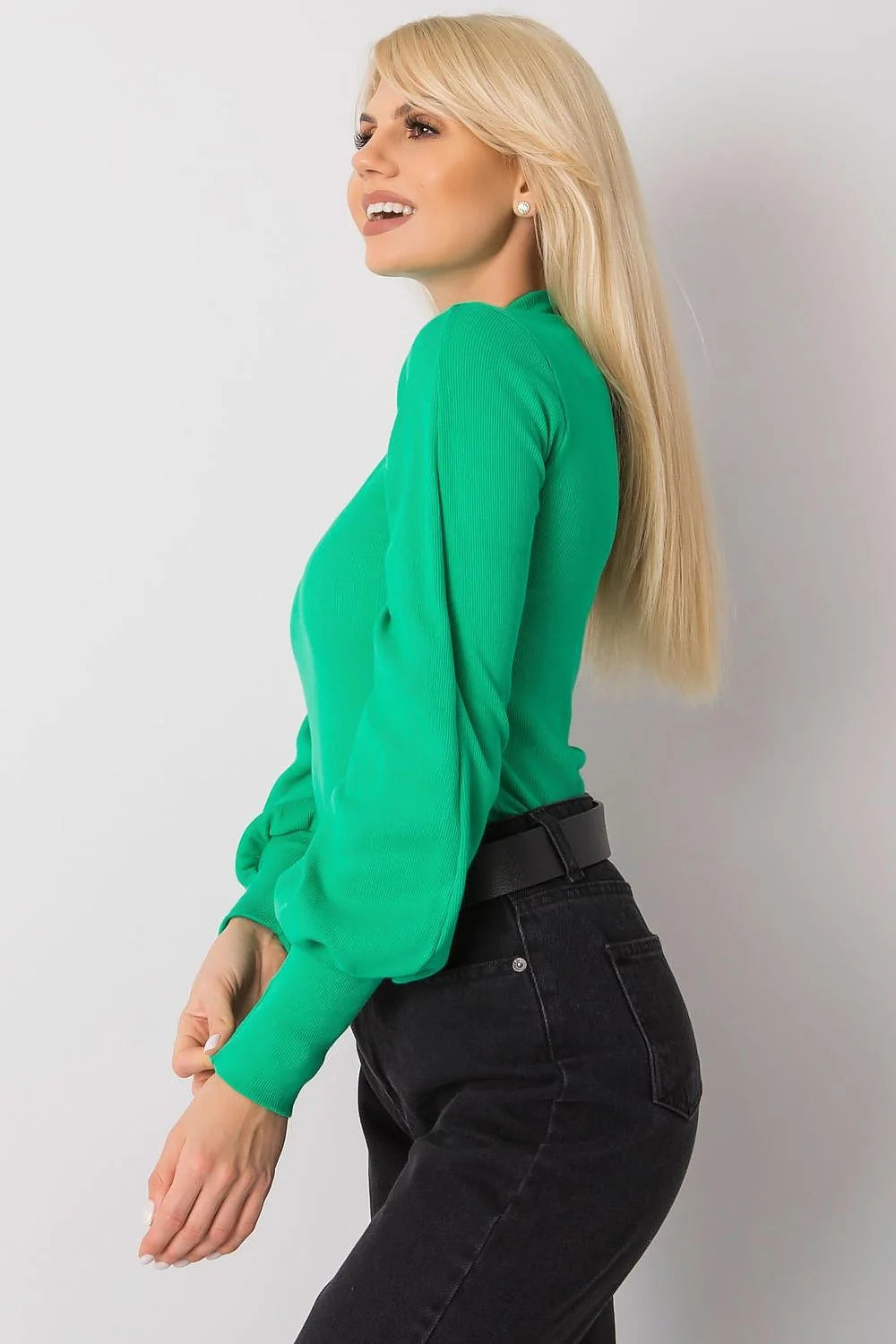 ensemble chemisier pull col montant maille fine côtelée fuchsia vif manches longues bouffantes poignets froncés haut ajusté pantalon