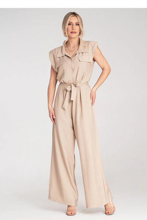 combinaison femme élégante sans manches viscose beige fluide légère col chemise taille haute ceinture nouer poches poitrine