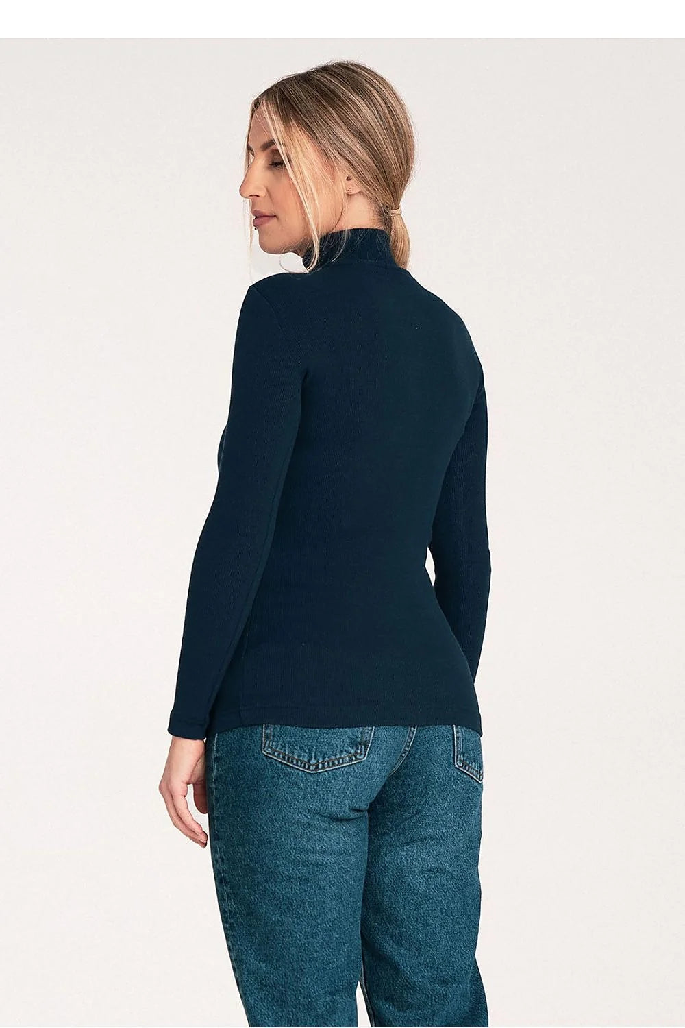 Pull à col montant pour femmes en coton élasthanne silhouette ajustée manches longues texture côtelée noir bleu marine