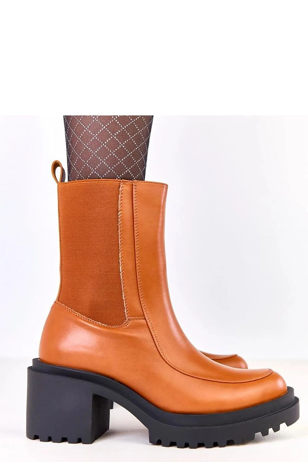 bottines talon bloc 75mm cuir écologique cognac mi mollet bout rond coutures épurées zip intérieur semelle crantée confortable