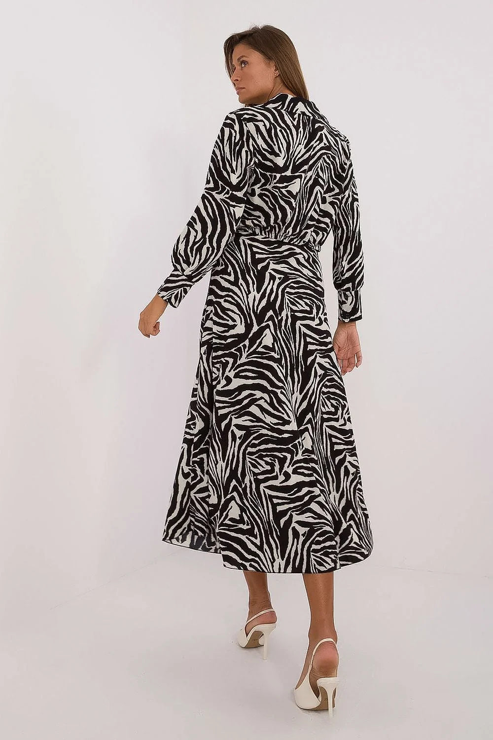 Ensemble féminin Italy Moda élégant imprimé zèbre noir blanc manches longues jupe longue évasée