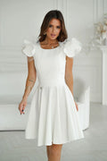 Robe de cocktail élégante en polyester et viscose, épaules en forme de buffets, fermeture éclair couverte, disponible en plusieurs tailles et couleurs