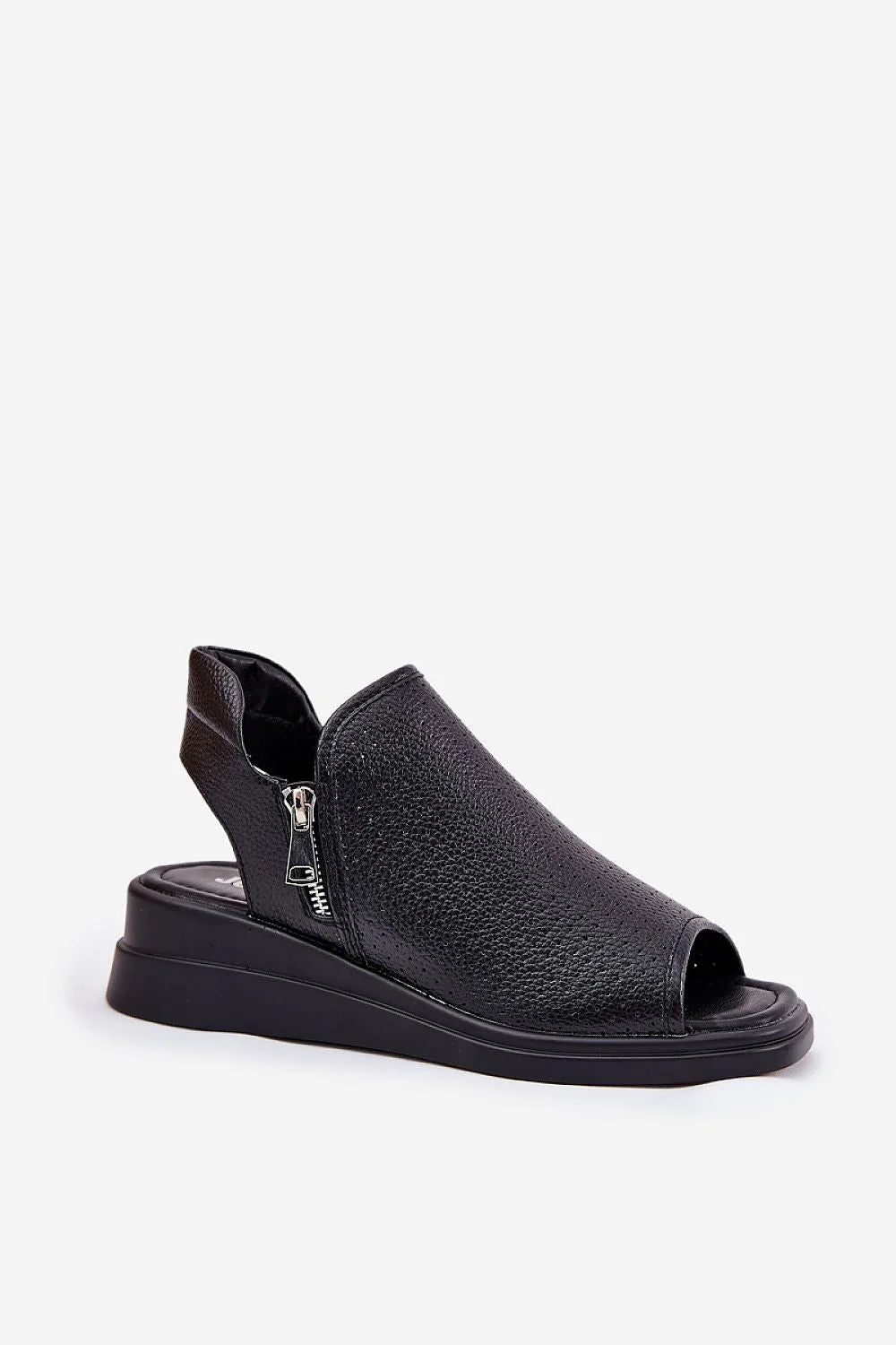 Sandales pour femmes Cothurnes Step in style design ouvert cuir artificiel noir texture métallique fermeture éclair latérale补偿 sole Jezzi