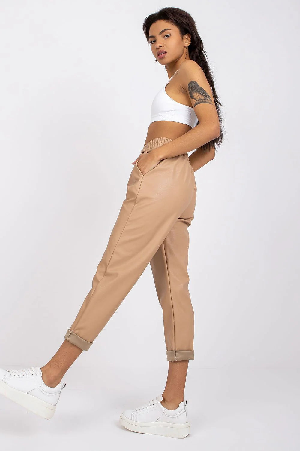 Pantalon Femme Italie Moda Cuir Écologique Rose Taille Haute Élastique Poches Curseurs Chaines Décoratives Occasions Formelles ou Casuals