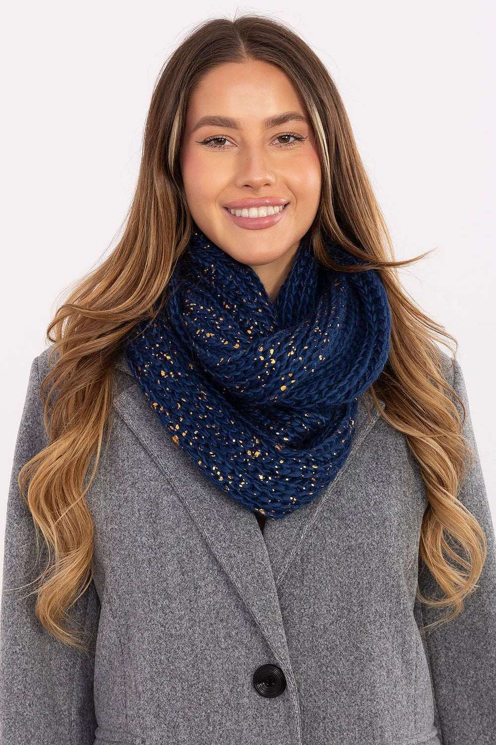 snood femme infinity maille grosse bleu marine fils dorés pailleté discret double tour tricot épais texturé chaud 65cm ajusté