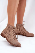 Bottes Step in style pour femmes en suède écologique beige clair tige mi-haute motif ajouré fermeture lacets et zipper occasion quotidienne