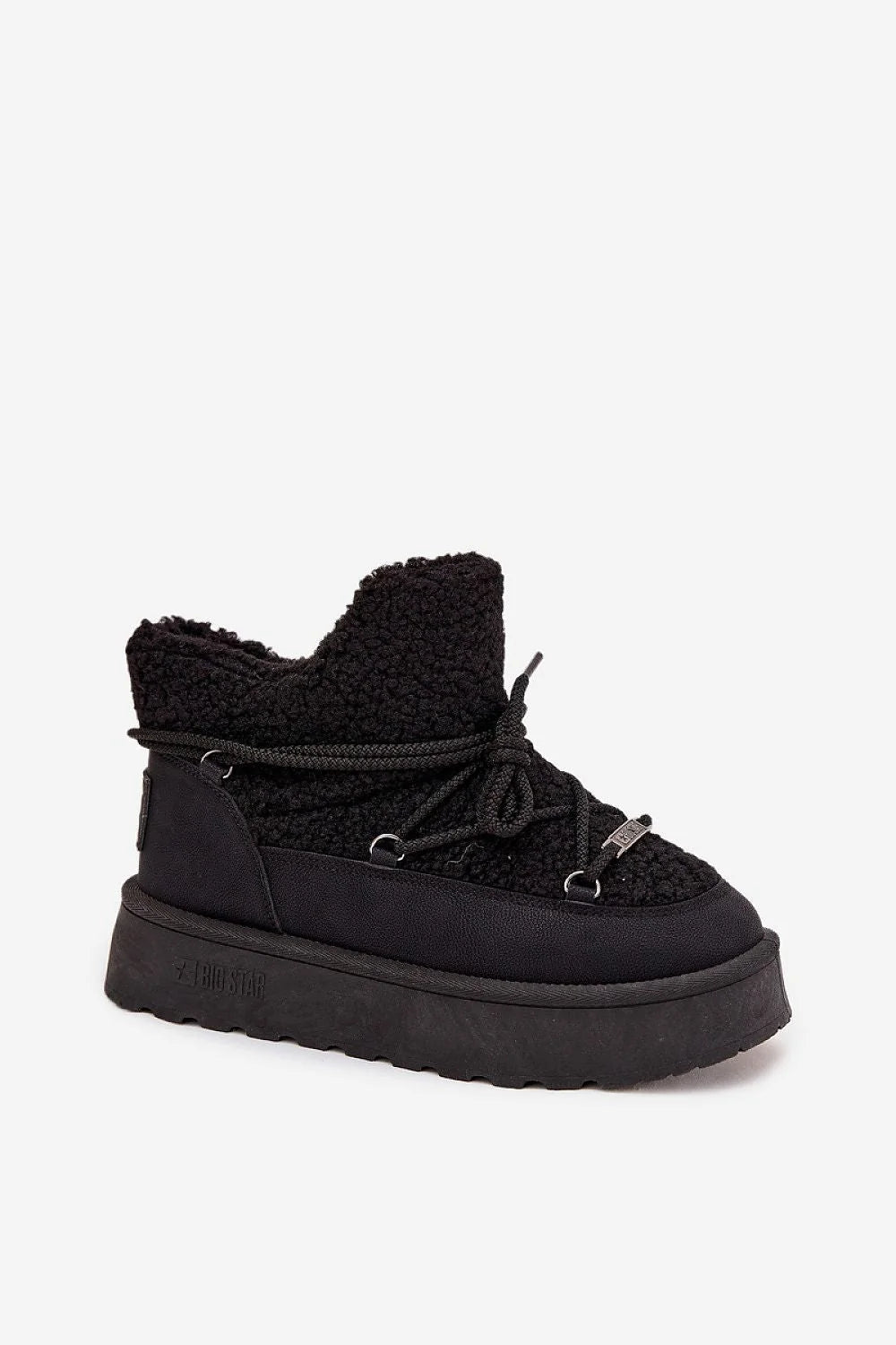 bottes neige femme cuir écologique fourrure mouton sherpa noir cocooning urbain mi cheville laçage œillets semelle plateforme caoutchouc