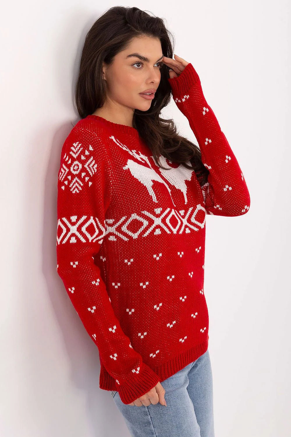 pull femme noël jacquard rouge manches longues col rond coupe ample maille tricotée douce acrylique motifs rennes cœurs