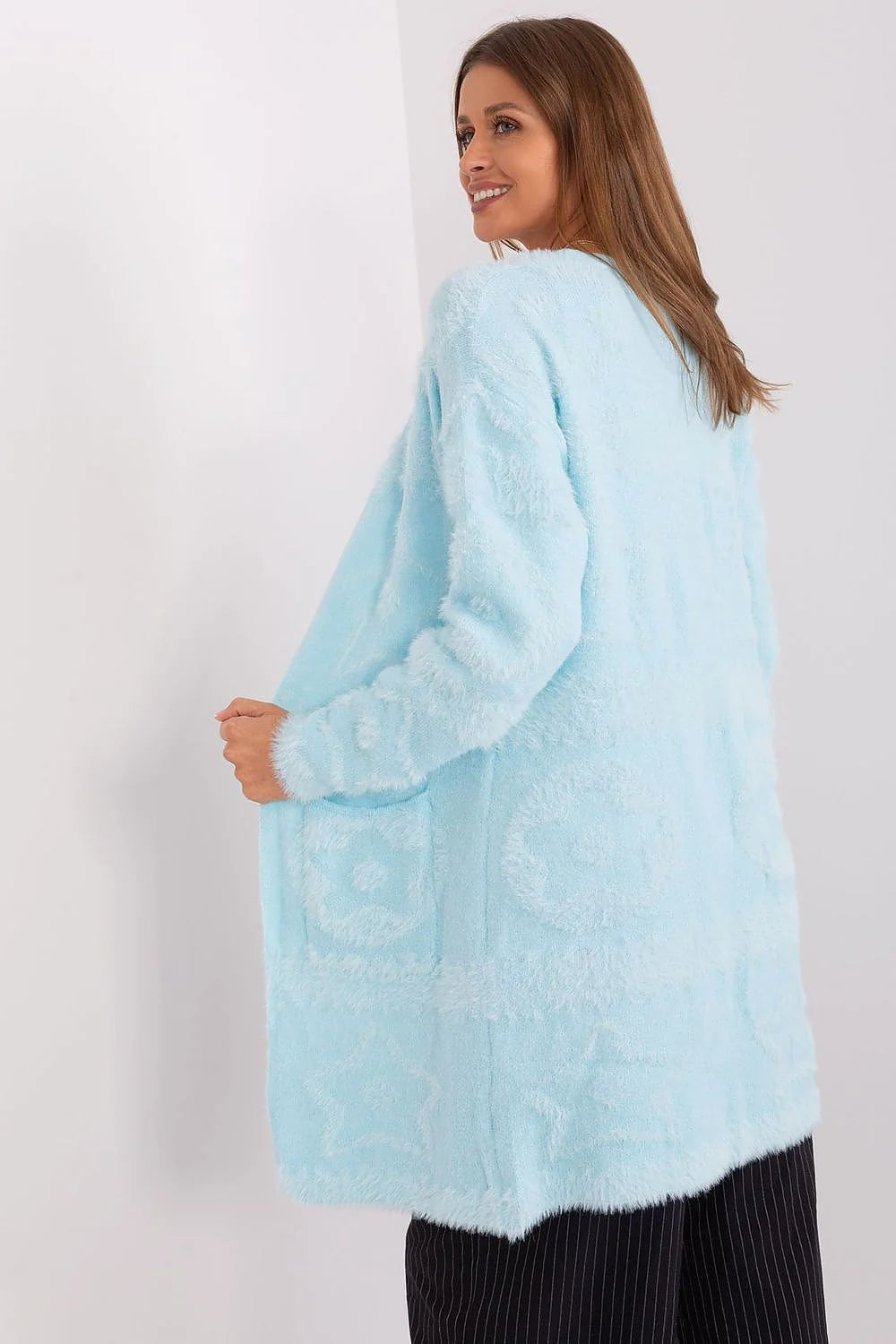 Cardigan long pour femme en matière douce style décontracté couleur bleu pastel sans boutons coupe ample manches longues poches plaquées